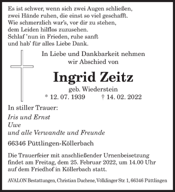 Todesanzeige von Ingrid Zeitz von saarbruecker_zeitung