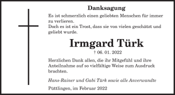 Todesanzeige von Irmgard Türk von saarbruecker_zeitung