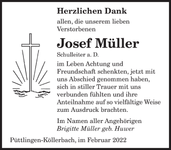 Todesanzeige von Josef Müller von saarbruecker_zeitung