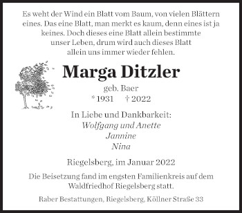 Todesanzeige von Marga Ditzler von saarbruecker_zeitung