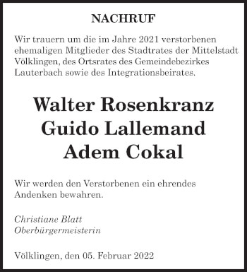 Todesanzeige von Nachruf Stadtrat Mittelstadt Völkingen  von saarbruecker_zeitung