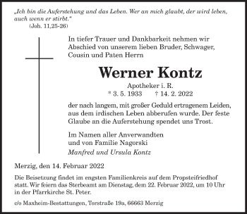 Todesanzeige von Werner Kontz von saarbruecker_zeitung