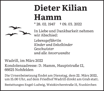 Todesanzeige von Dieter Kilian Hamm von saarbruecker_zeitung