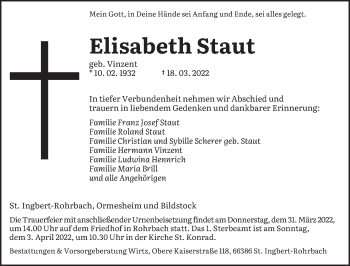 Todesanzeige von Elisabeth Staut von saarbruecker_zeitung