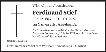 Todesanzeige von Ferdinand Stief von saarbruecker_zeitung