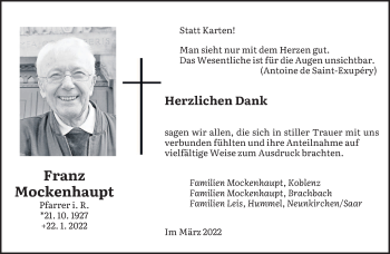 Todesanzeige von Franz Mockenhaupt von saarbruecker_zeitung