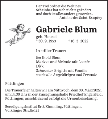 Todesanzeige von Gabriele Blum von saarbruecker_zeitung