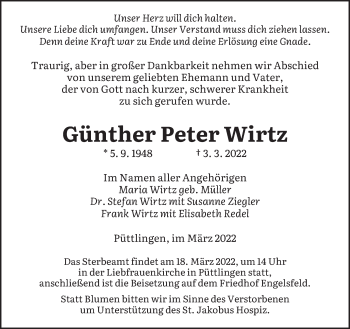 Todesanzeige von Günther Peter Wirtz von saarbruecker_zeitung