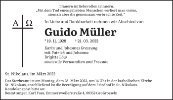 Todesanzeige von Guido Müller von saarbruecker_zeitung