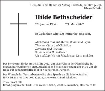 Todesanzeige von Hilde Bethscheider von saarbruecker_zeitung