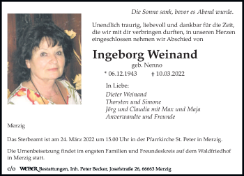 Todesanzeige von Ingeborg Weinand von saarbruecker_zeitung