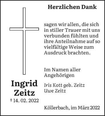 Todesanzeige von Ingrid Zeitz von saarbruecker_zeitung