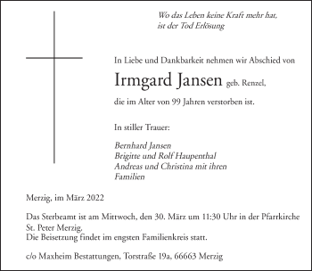 Todesanzeige von Irmgard Jansen von saarbruecker_zeitung