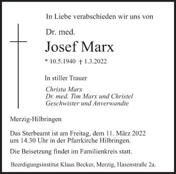 Todesanzeige von Josef Marx von saarbruecker_zeitung