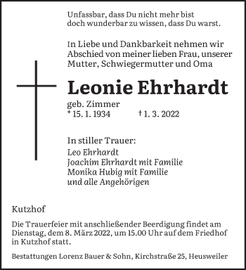 Todesanzeige von Leonie Ehrhardt von saarbruecker_zeitung