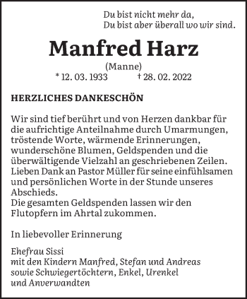 Todesanzeige von Manfred Harz von saarbruecker_zeitung