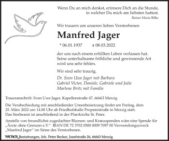 Todesanzeige von Manfred Jager von saarbruecker_zeitung