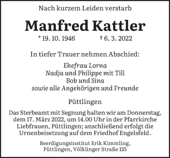Todesanzeige von Manfred Kattler von saarbruecker_zeitung