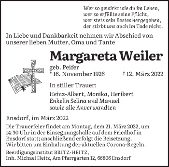 Todesanzeige von Margareta Weiler von saarbruecker_zeitung