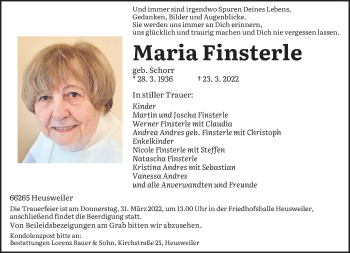 Todesanzeige von Maria Finsterle von saarbruecker_zeitung