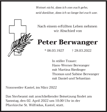 Todesanzeige von Peter Berwanger von saarbruecker_zeitung