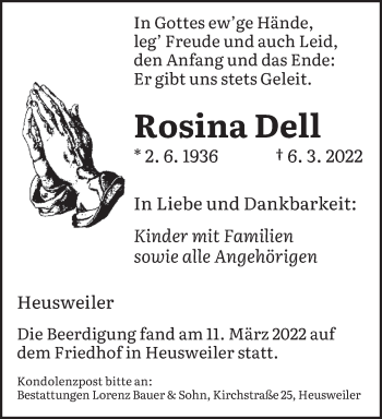 Todesanzeige von Rosina Dell von saarbruecker_zeitung
