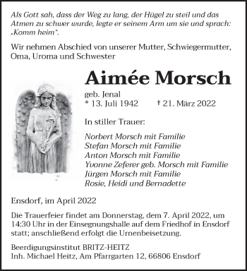 Todesanzeige von Aimée Morsch von saarbruecker_zeitung