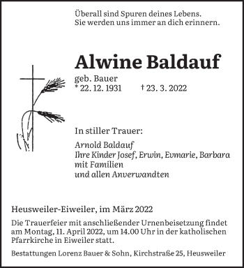 Todesanzeige von Alwine Baldauf von saarbruecker_zeitung