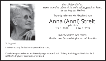 Todesanzeige von Anna Streit von saarbruecker_zeitung