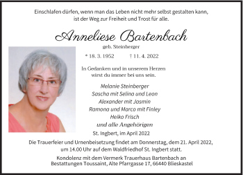 Todesanzeige von Anneliese Bartenbach von saarbruecker_zeitung