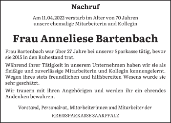 Todesanzeige von Anneliese Bartenbach von saarbruecker_zeitung