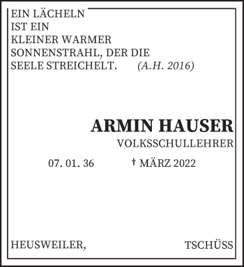 Todesanzeige von Armin Hauser von saarbruecker_zeitung