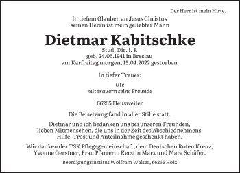 Todesanzeige von Dietmar Kabitschke von saarbruecker_zeitung