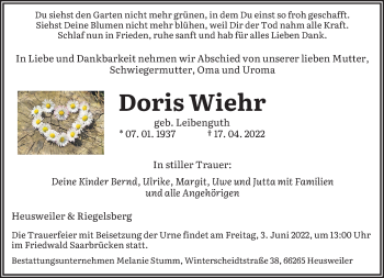 Todesanzeige von Doris Wiehr von saarbruecker_zeitung
