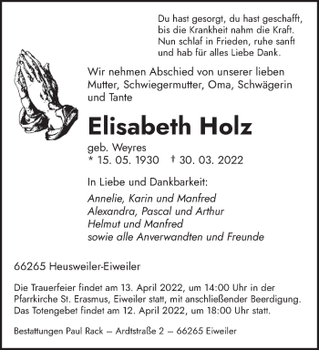 Todesanzeige von Elisabeth Holz von saarbruecker_zeitung