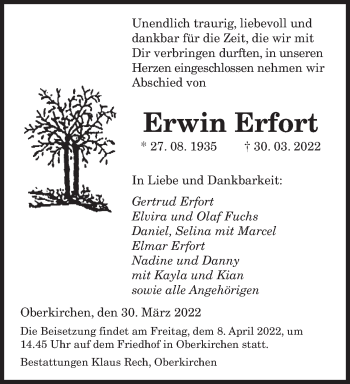 Todesanzeige von Erwin Erfort von saarbruecker_zeitung