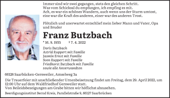 Todesanzeige von Franz Butzbach von saarbruecker_zeitung