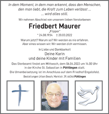 Todesanzeige von Friedbert Maurer von saarbruecker_zeitung