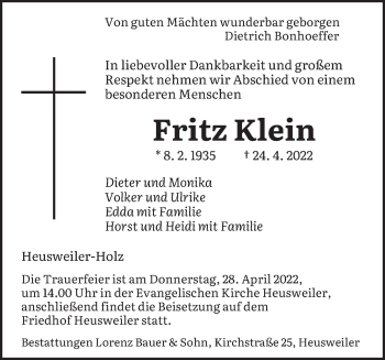 Todesanzeige von Fritz Klein von saarbruecker_zeitung