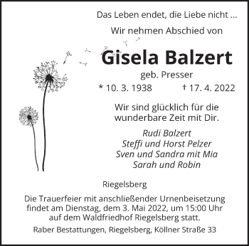 Todesanzeige von Gisela Balzert von saarbruecker_zeitung