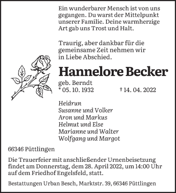 Todesanzeige von Hannelore Becker von saarbruecker_zeitung