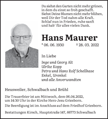 Todesanzeige von Hans Maurer von saarbruecker_zeitung