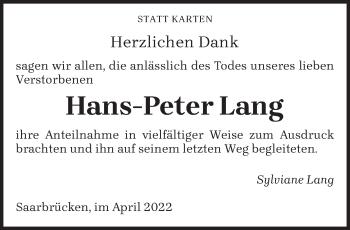 Todesanzeige von Hans-Peter Lang von saarbruecker_zeitung