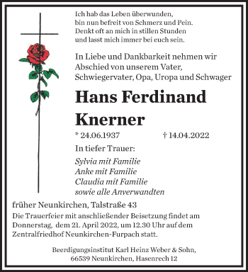 Todesanzeige von Hans Ferdinand Knerner von saarbruecker_zeitung