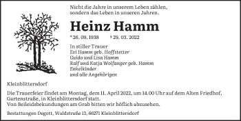 Todesanzeige von Heinz Hamm von saarbruecker_zeitung