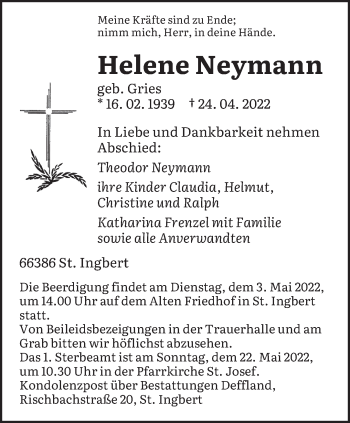 Todesanzeige von Helene Neymann von saarbruecker_zeitung
