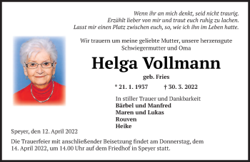 Todesanzeige von Helga Vollmann von saarbruecker_zeitung