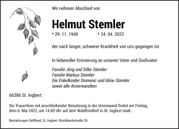 Todesanzeige von Helmut Stemler von saarbruecker_zeitung