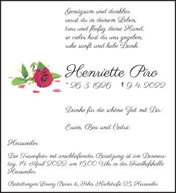 Todesanzeige von Henriette Piro von saarbruecker_zeitung