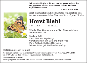 Todesanzeige von Horst Biehl von saarbruecker_zeitung
